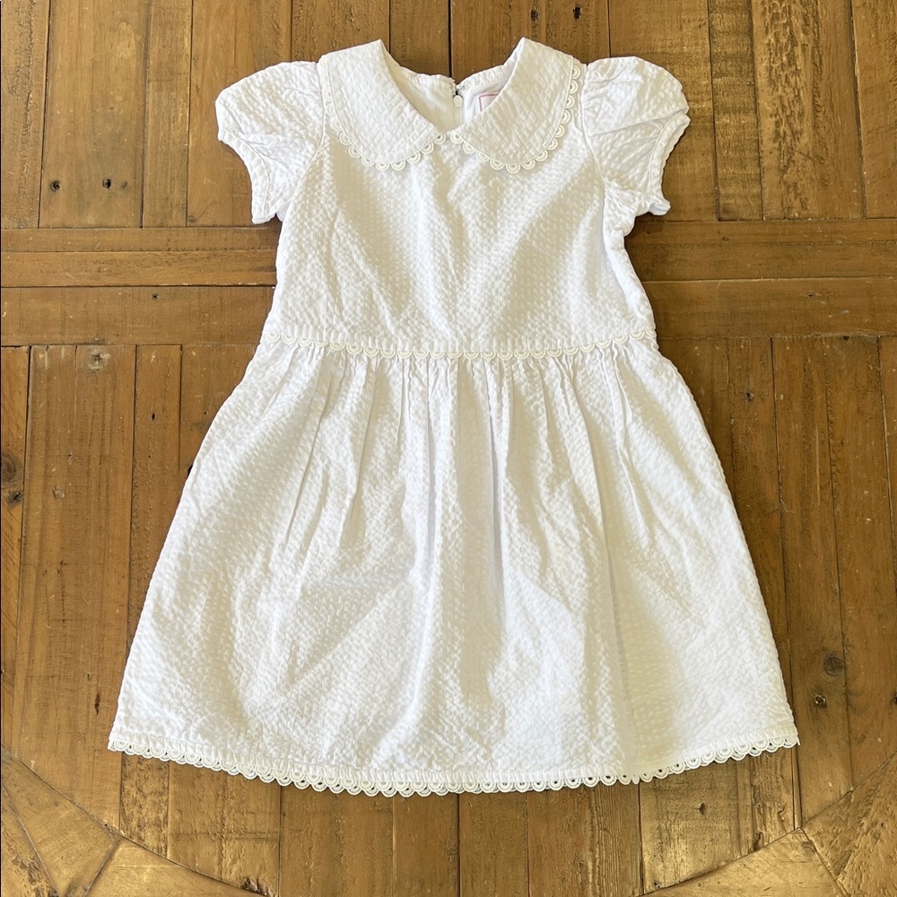 Classic Prep White seersucker Kids Dress size 5 Peter Pan collar nautical preppy